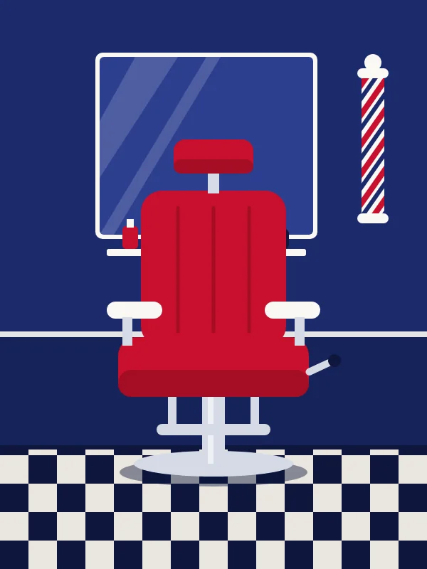 Illustration of a red barber chair in front of a mirror, with a barber pole on the wall