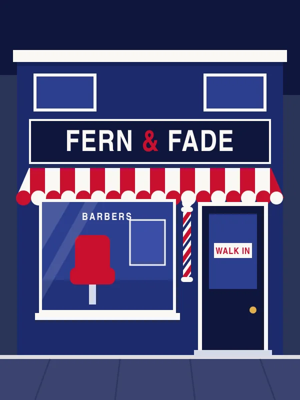 Illustration of the Fern & Fade shopfront with a striped awning and a barber pole by the door